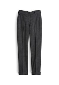Grijze, gestructureerde broek met een tailored ontwerp, voorzien van voorplooien, ceintuurlussen en een enkele knoopsluiting bij de taille.