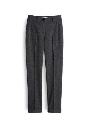 Gray, textured trousers with a tailored design, featuring front pleats, belt loops, and a single button closure at the waistband.