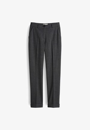 Grijze, gestructureerde broek met een tailored ontwerp, voorzien van voorplooien, ceintuurlussen en een enkele knoopsluiting bij de taille.