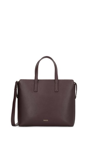 Sac à main en cuir marron foncé avec deux poignées, une bandoulière détachable et un petit logo doré de la marque au centre avant.