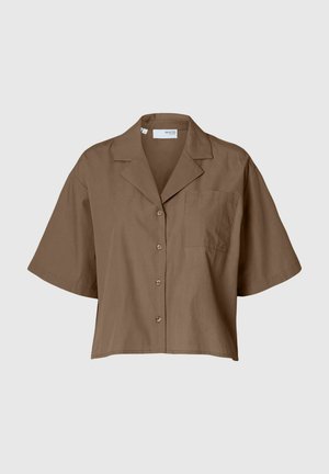 Brown short-sleeve button-up shirt with a notched collar, single chest pocket, and a relaxed fit. Smooth fabric texture and basic button closure.