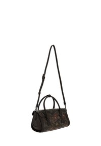 Brązowa torebka z kwiatowym materiałem, skórzanymi akcentami, zaokrąglonymi górnymi uchwytami oraz odpinanym paskiem na ramię. Kompaktowy i usztywniony design.