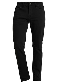 Black denim jeans with a slim fit, featuring a classic 5-pocket design and metal button closure at the waist. Smooth texture, no patterns.