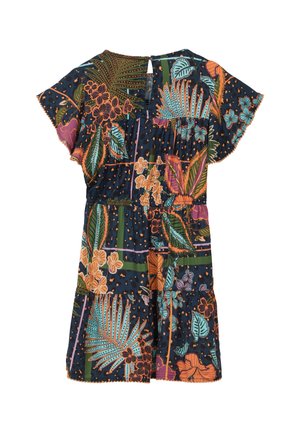 Kukallinen mekko, jossa on tumma tausta kirkkaan oranssien, vihreiden ja sinisten yksityiskohtien kanssa. Lyhyet hihat ja joustava vyötärö.