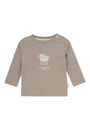 Beige Langarmshirt aus Baumwolle mit einem Schaf-Graphic und dem Text "Little Lamb". Rundhalsausschnitt mit Druckknopfdetails an der Schulter.