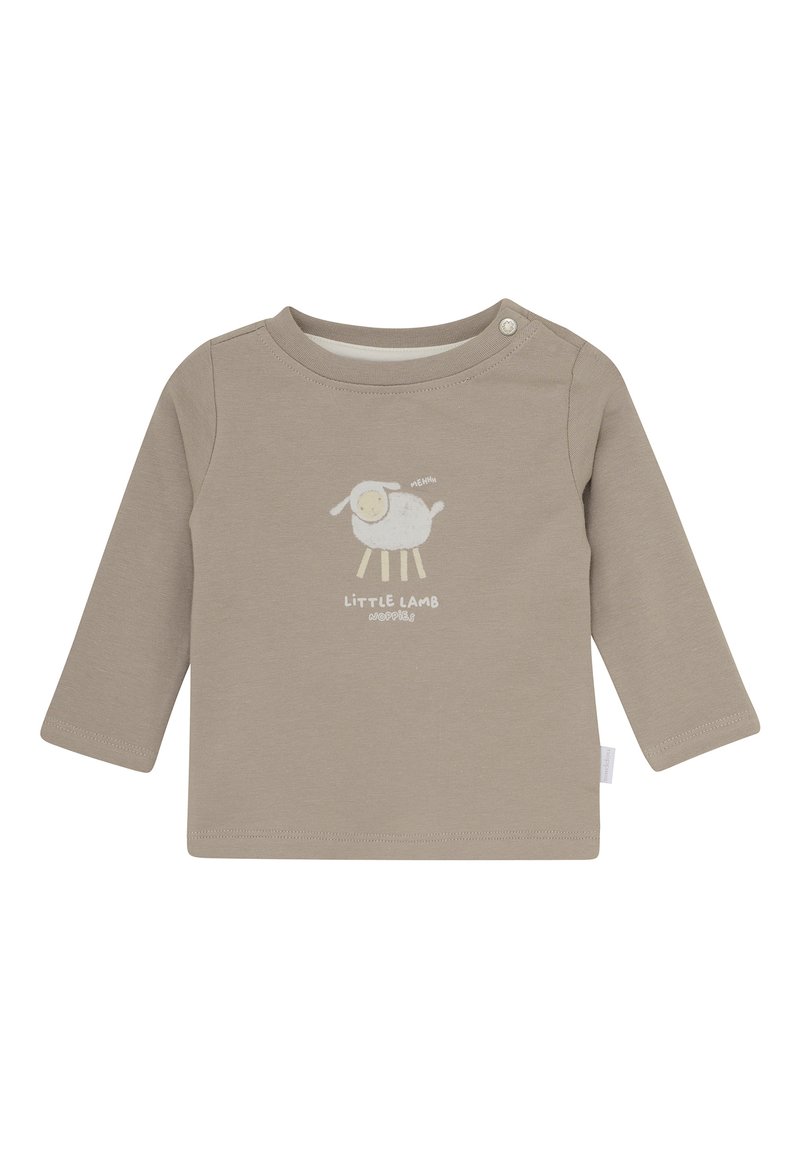 Beige Langarmshirt aus Baumwolle mit einem Schaf-Graphic und dem Text "Little Lamb". Rundhalsausschnitt mit Druckknopfdetails an der Schulter.