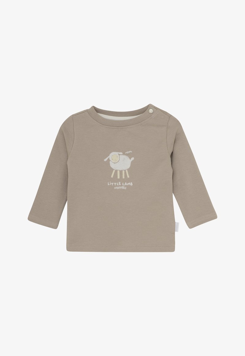 Beige Langarmshirt aus Baumwolle mit einem Schaf-Graphic und dem Text "Little Lamb". Rundhalsausschnitt mit Druckknopfdetails an der Schulter.