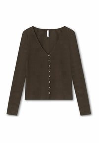 Maglietta a maniche lunghe marrone scuro con texture a coste, scollo a V e una fila di bottoni metallici a forma di cuore sul davanti.
