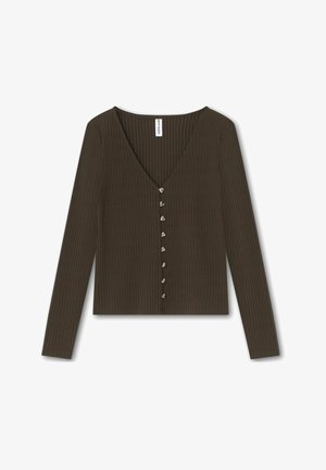 Donkerbruin shirt met lange mouwen, ribbelstructuur, V-hals en een rij hartvormige metalen knopen aan de voorkant.