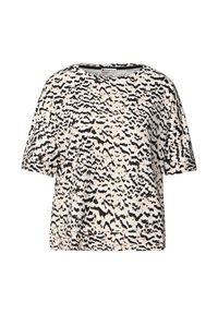 Jasno beżowa bluzka z krótkim rękawem i czarnym abstrakcyjnym wzorem zwierzęcym, okrągły dekolt i luźny krój. Miękka tekstura bez widocznych zapięć.