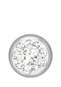 Decorazione cristallo rotonda con molteplici pietre trasparenti di diverse dimensioni, montate su una base in metallo tono argento. Finitura liscia e lucida.
