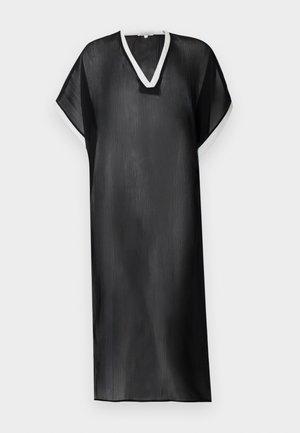 Sort gennemsigtig kaftankjole med hvid kant ved V-hals og ærmekanter, løs pasform, korte ærmer og let tekstureret stof.