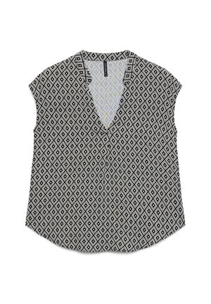 Blouse sans manches noire et blanche avec motif géométrique en losanges et col en V, posée à plat sur un fond blanc.