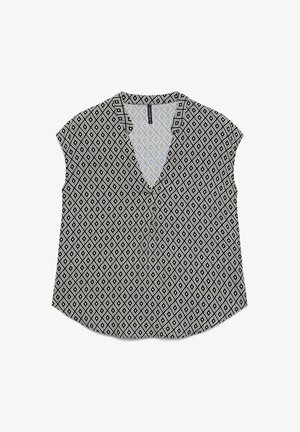 Blouse sans manches noire et blanche avec motif géométrique en losanges et col en V, posée à plat sur un fond blanc.