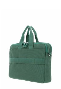 Sacoche pour ordinateur portable en tissu vert avec double poignées, fermeture éclair, poche extérieure et finition texturée. Présente un profil mince et des coutures renforcées.