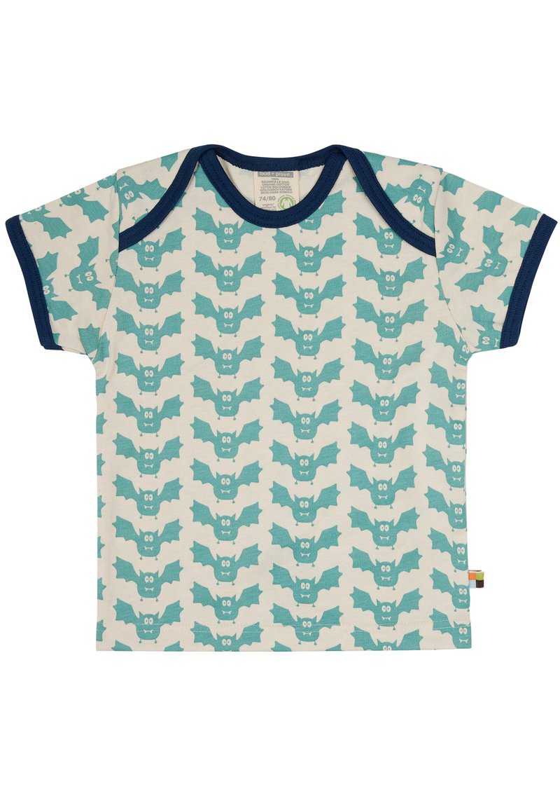 Kurzarmhemd aus leichtem Baumwollstoff, mit beigem Hintergrund und türkisfarbenen Fledermausmustern sowie marineblauen Akzenten am Hals und an den Ärmeln.