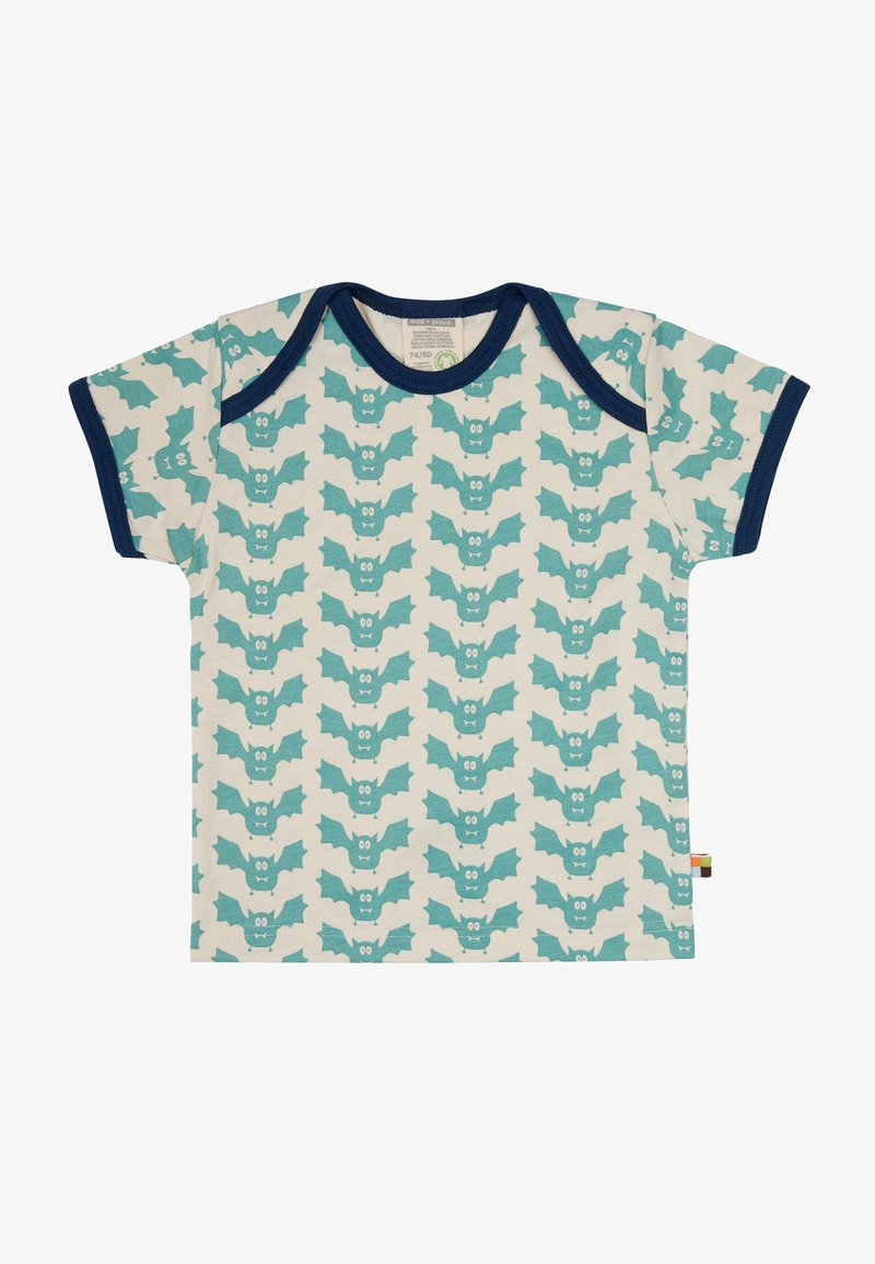 Kurzarmhemd aus leichtem Baumwollstoff, mit beigem Hintergrund und türkisfarbenen Fledermausmustern sowie marineblauen Akzenten am Hals und an den Ärmeln.