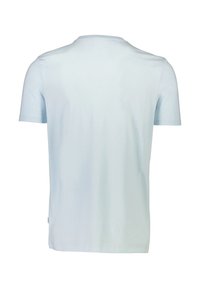 Helles blaues Baumwoll-T-Shirt mit Rundhalsausschnitt, kurzen Ärmeln und glatter Textur. Hat ein kleines Seitenetikett am Saum.