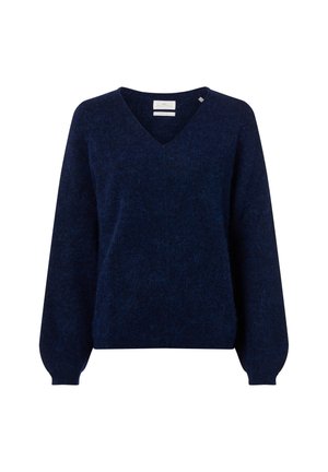 Pull en V bleu marine en matériau doux et duveteux. Doté de manches longues légèrement bouffantes et d'une coupe décontractée. Étiquette de marque minimale.