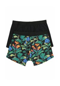 Dva páry boxerů: jeden jednobarevný černý a druhý s barevným tropickým květinovým vzorem na černém pozadí. Měkká látka a elastický pas.