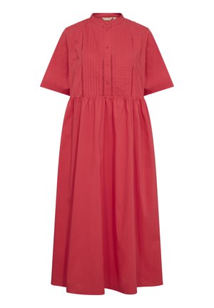Červené bavlněné midi šaty s mandarínským límečkem, krátkými rukávy, předním zapínáním na knoflíky a sklady v oblasti těla. Celkově volný střih.