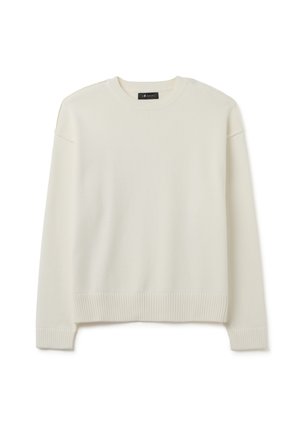 Elfenbeinfarbener Strickpullover mit runder Halslinie, gerippten Bündchen und Saum, überschnittenen Schultern und einer weichen Textur. Minimalistisches Design.