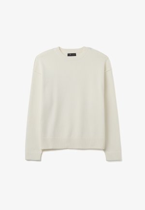 Elfenbeinfarbener Strickpullover mit runder Halslinie, gerippten Bündchen und Saum, überschnittenen Schultern und einer weichen Textur. Minimalistisches Design.