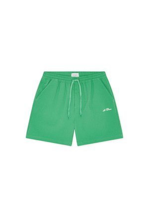 Shorts en tissu vert texturé avec taille élastique, cordon de serrage, poches latérales et petit logo blanc brodé "Les Deux" sur la jambe gauche.