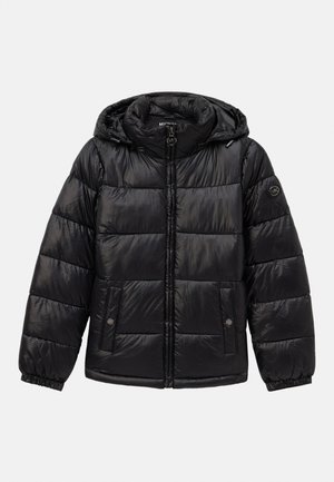 Schwarze, gesteppte Daunenjacke mit Kapuze, Reißverschluss, Druckknopf-Taschen, elastischen Bündchen und Logo-Patch am linken Ärmel.
