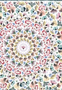 Tejido con estampado floral que presenta varias flores y hojas en tonos suaves de rosa, amarillo, azul y verde sobre un fondo blanco, dispuestas en un diseño circular.