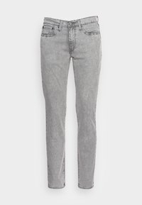 Jeans de mezclilla gris con un corte de pierna recta, cinco bolsillos y pasadores para cinturón. La tela tiene una sutil textura desgastada y un cierre de cremallera clásico.