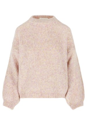 Šviesiai rožinė megzta megztinis su laisvu siluetu, apvaliu apykaklėliu ir tekstūruota medžiaga. Savybėms priklauso briaunoti rankogaliai ir apačia.