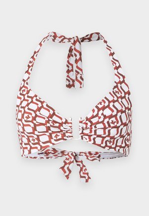 Weiß-braun gemustertes Neckholder-Bikinitop mit zentralem Metallverschluss und Bindebändern am Hals und Rücken.