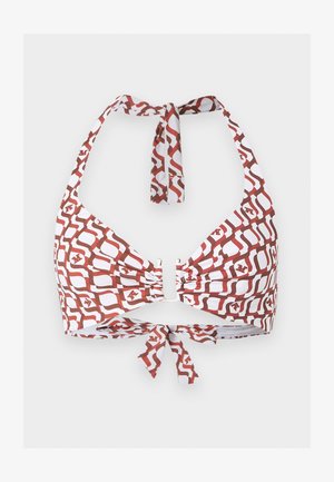 Biały i brązowy wzorzysty top od bikini typu halter z centralnym metalowym zapięciem i wiązaniami przy szyi i na plecach.