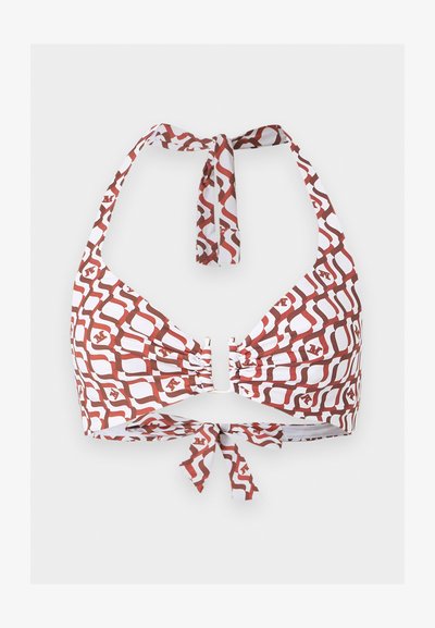 Λευκό και καφέ μαγιό τοπ με σχέδιο, halter, με κεντρικό μεταλλικό κούμπωμα και δέσιμο στον λαιμό και την πλάτη.