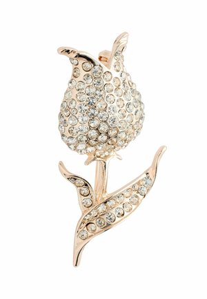 Rhinestone-embedded brooch designed as a tulip, featuring a gold-tone metal finish and leaf accents. The surface has a smooth, shiny texture.