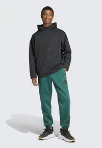 Μαύρη κουκούλα με φούτερ και πράσινο παντελόνι φόρμας με γκρίζες λεπτομέρειες. Το φούτερ διαθέτει τσέπη στο μπροστινό μέρος. Το μοντέλο φοράει μαύρα αθλητικά παπούτσια.