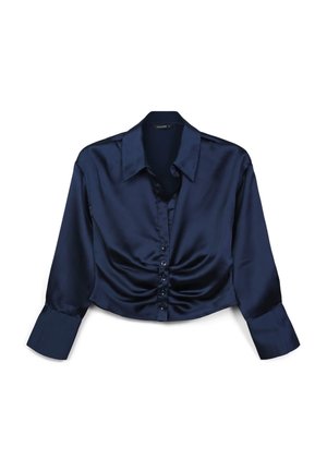 Navy blue satin cropped shirt with long sleeves, a pointed collar, and front button closure; features gathered detailing on the bodice.