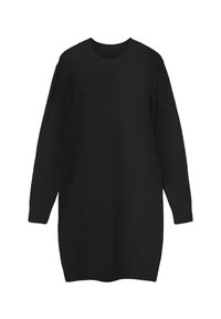 Czarna dzianinowa sukienka swetrowa z okrągłym dekoltem, długimi rękawami i luźnym krojem. Gładka faktura i długość do połowy uda. Minimalistyczny design.
