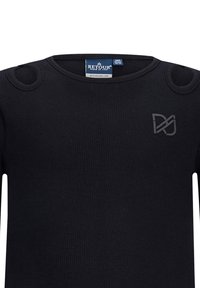 Zwarte geribbelde gebreide shirt met een ronde halslijn, knoopaccenten op de schouders en een subtiel logo op de borst. Ontworpen voor een aansluitende stijl.