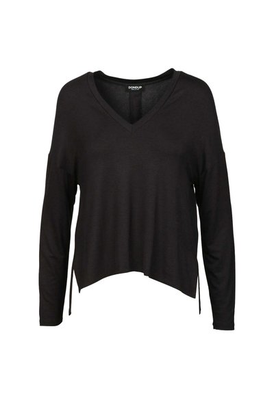 Top nero a maniche lunghe con scollatura a V e vestibilità comoda. Presenta delle aperture sull'orlo ed è realizzato in un materiale morbido e leggero.