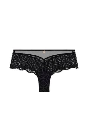 Le string en dentelle noire présente un motif géométrique, un tissu transparent et un accent décoratif doré. Les bords avant festonnés mettent en valeur le design.