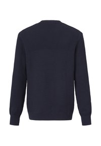 Dunkelblauer Strickpullover mit strukturierten Einsätzen, gerippten Bündchen und Saum. Die Rückseite zeigt horizontale und texturierte Designs für zusätzliche Details.