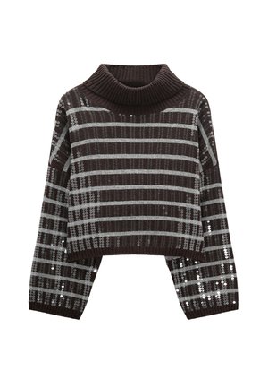 Brązowy krótki sweter z golfem z szarymi poziomymi paskami, żebrowaną fakturą oraz cekinowymi akcentami na rękawach i korpusie.