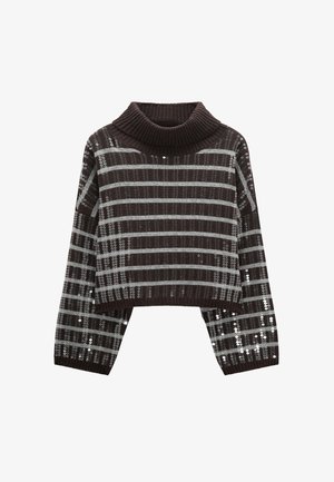 Brązowy krótki sweter z golfem z szarymi poziomymi paskami, żebrowaną fakturą oraz cekinowymi akcentami na rękawach i korpusie.