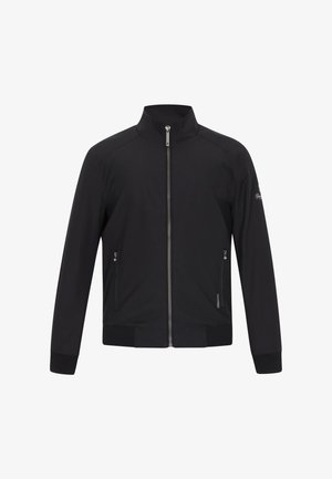 Czarna kurtka z gładkiego materiału, zapinana na zamek, z wysokim kołnierzem, bocznymi kieszeniami oraz ściągaczami na mankietach i dole. Minimalistyczny design bez wzorów.