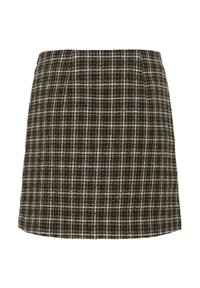 Jupe à carreaux marron et crème, fabriquée en tissu texturé, avec une coupe droite et une taille, présentant des lignes verticales et horizontales.