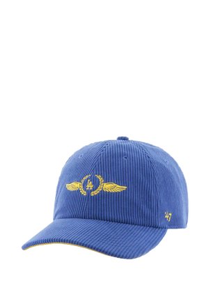 Cappellino da baseball in corduroy blu con ricamo giallo a forma di ali e alloro, visiera strutturata e logo sul lato.