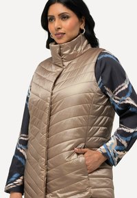 Béžová péřová vesta s vysokým límcem a diagonálně prošívaným vzorem, spárovaná s dlouhým rukávem košile s modro-krémovým vzorem.