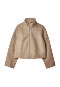 Cropped beige jacket with a high collar, full zipper, and long sleeves. Made from soft fabric with a smooth texture and minimal detailing.